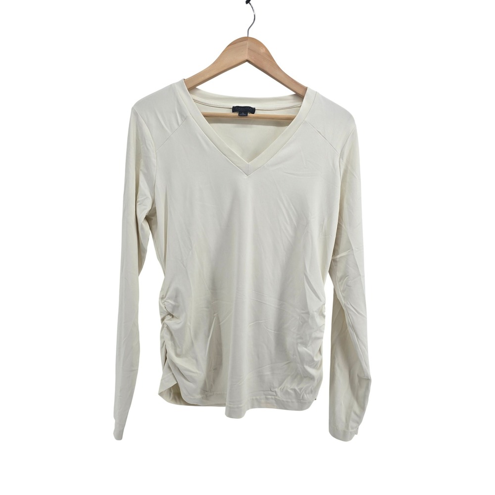 Carlisle Collection Top Womens L Ruched V-Neck Cream Long Sleeve Stretch EUC